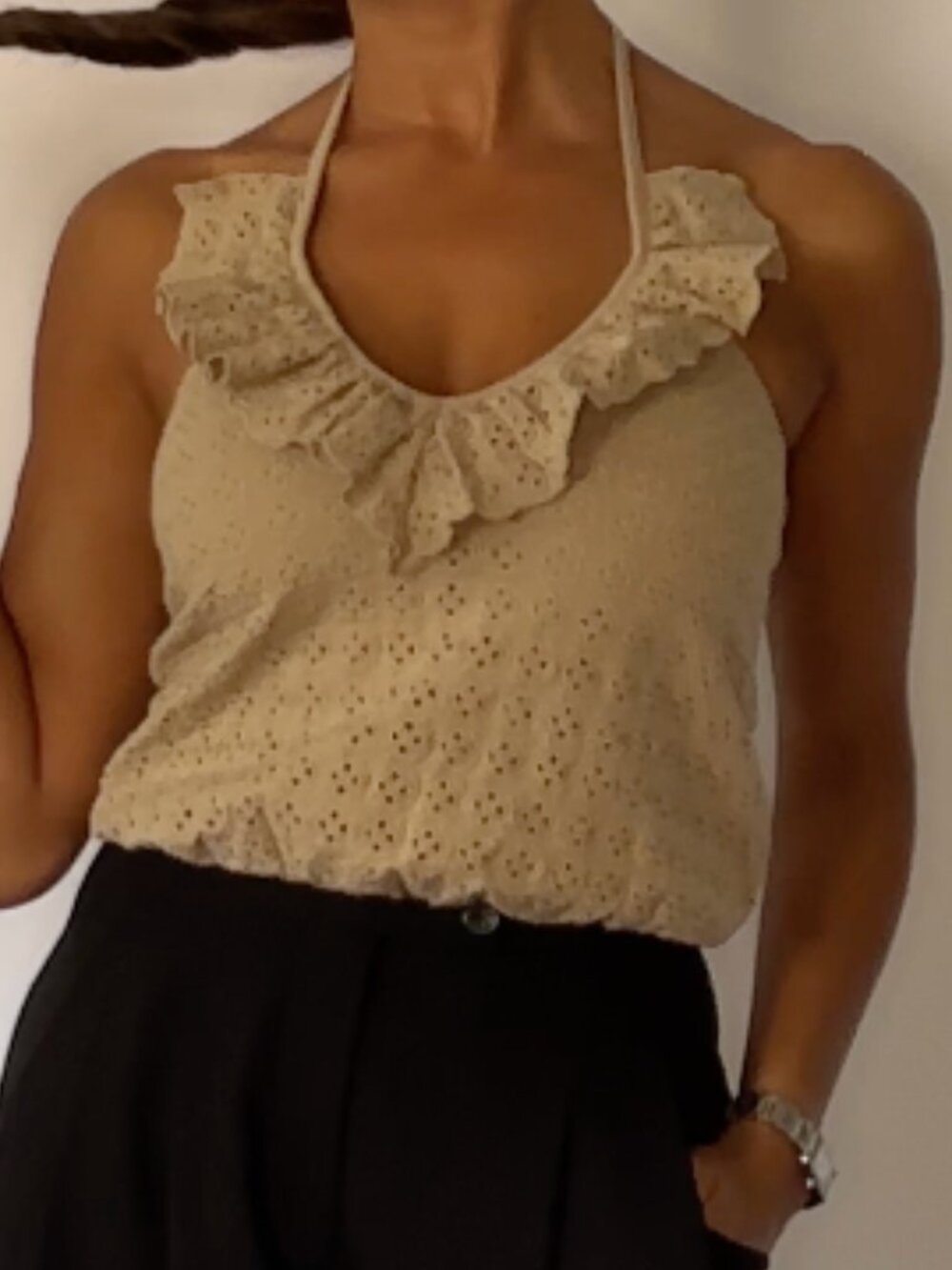 Express Taupe Eyelet Halter Top Cotton Embroidered Sleeveless Lined Size XXS
